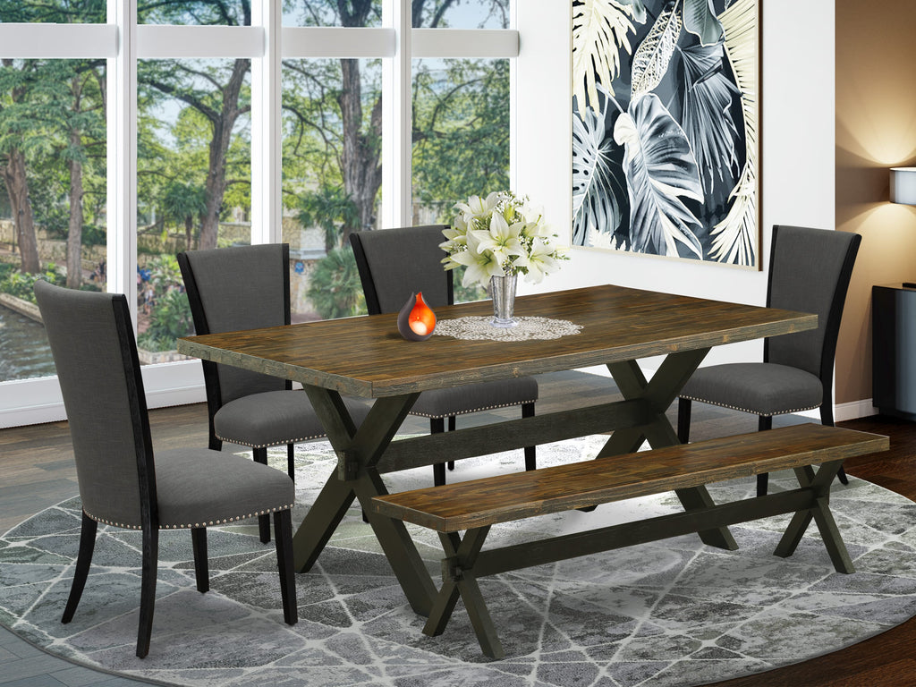 X677VGX95-9 Six-Piece Dining Set with Rectangular Table, X-Legs, and Gotham Fabric Chairs, Includes Bench, 40x72 inches