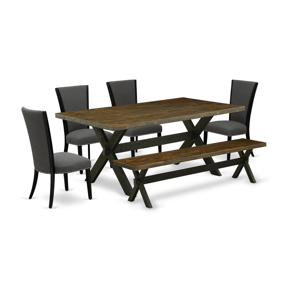 X677VGX95-9 Six-Piece Dining Set with Rectangular Table, X-Legs, and Gotham Fabric Chairs, Includes Bench, 40x72 inches