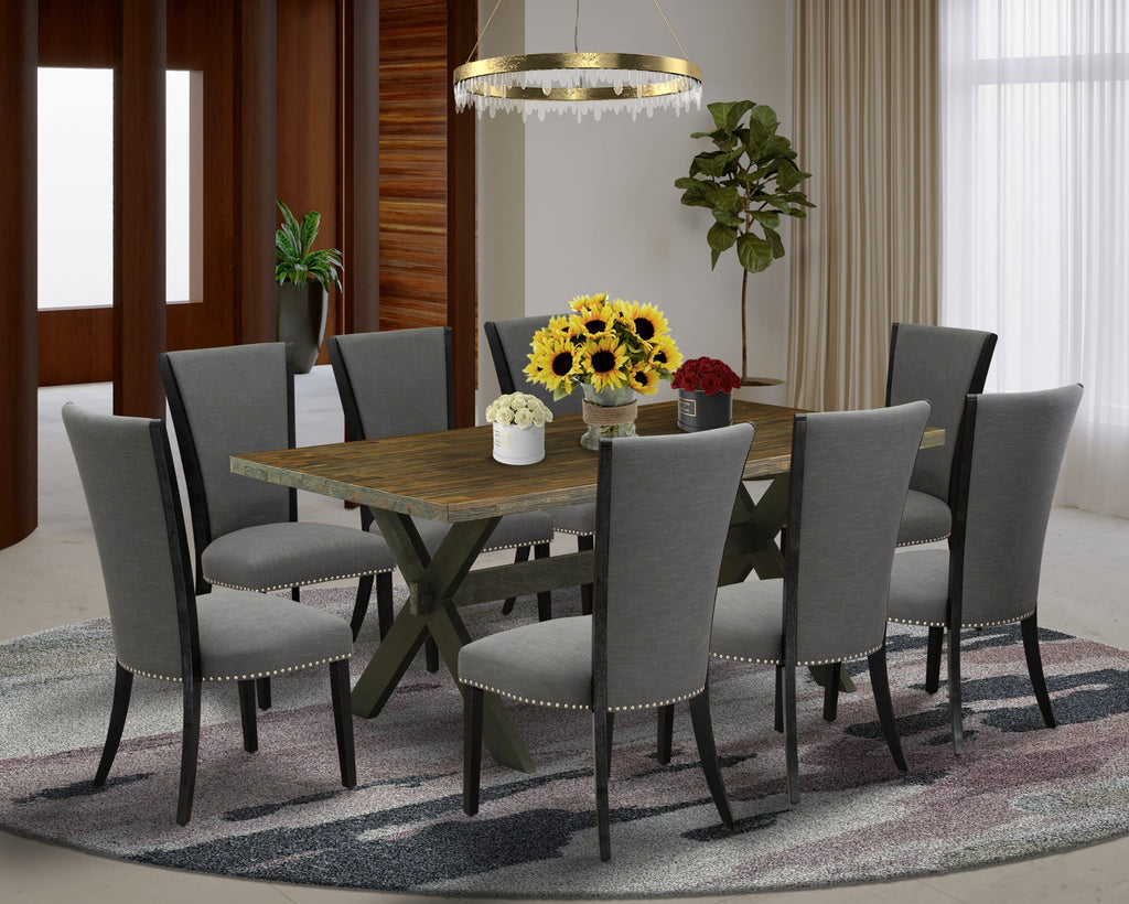 X677VOZ8X-X Stylish 9-Piece Dining Set with Rectangular Table and X-Leg Design, Featuring 8 Plush Gotham Linen Chairs, 40x72 Multi-Toned Elegance