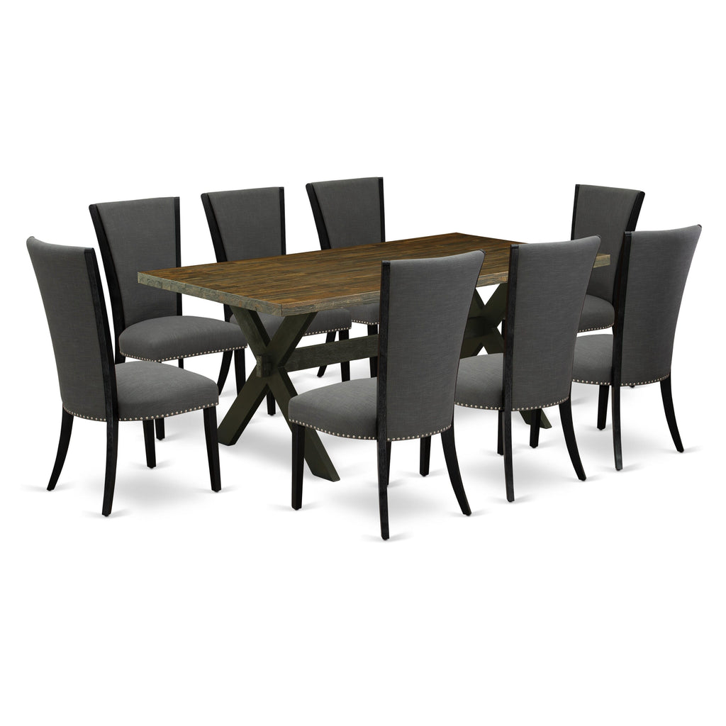 X677VOZ8X-X Stylish 9-Piece Dining Set with Rectangular Table and X-Leg Design, Featuring 8 Plush Gotham Linen Chairs, 40x72 Multi-Toned Elegance