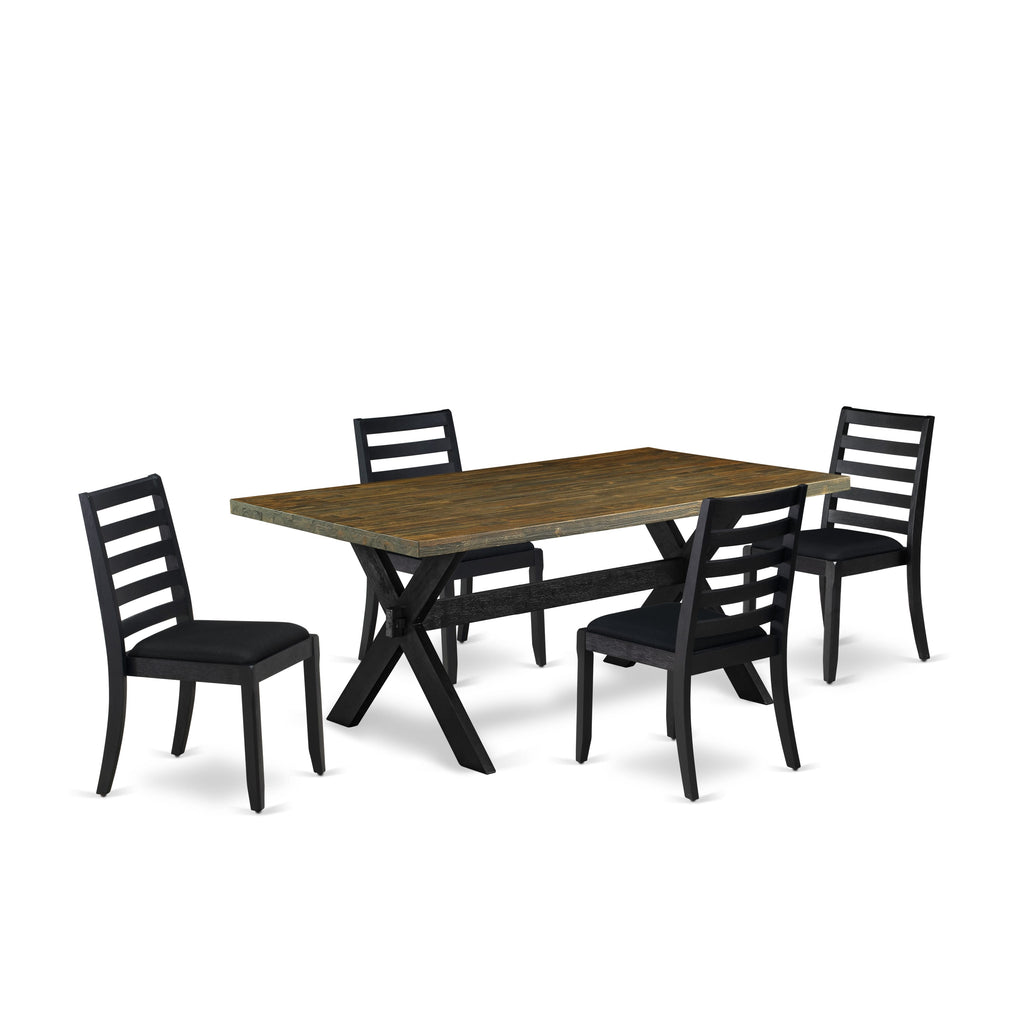X677XEAXU-X 5-Piece Kitchen Dining Ensemble with Distressed Jacobean Table and 4 Black Fabric Stackable Chairs