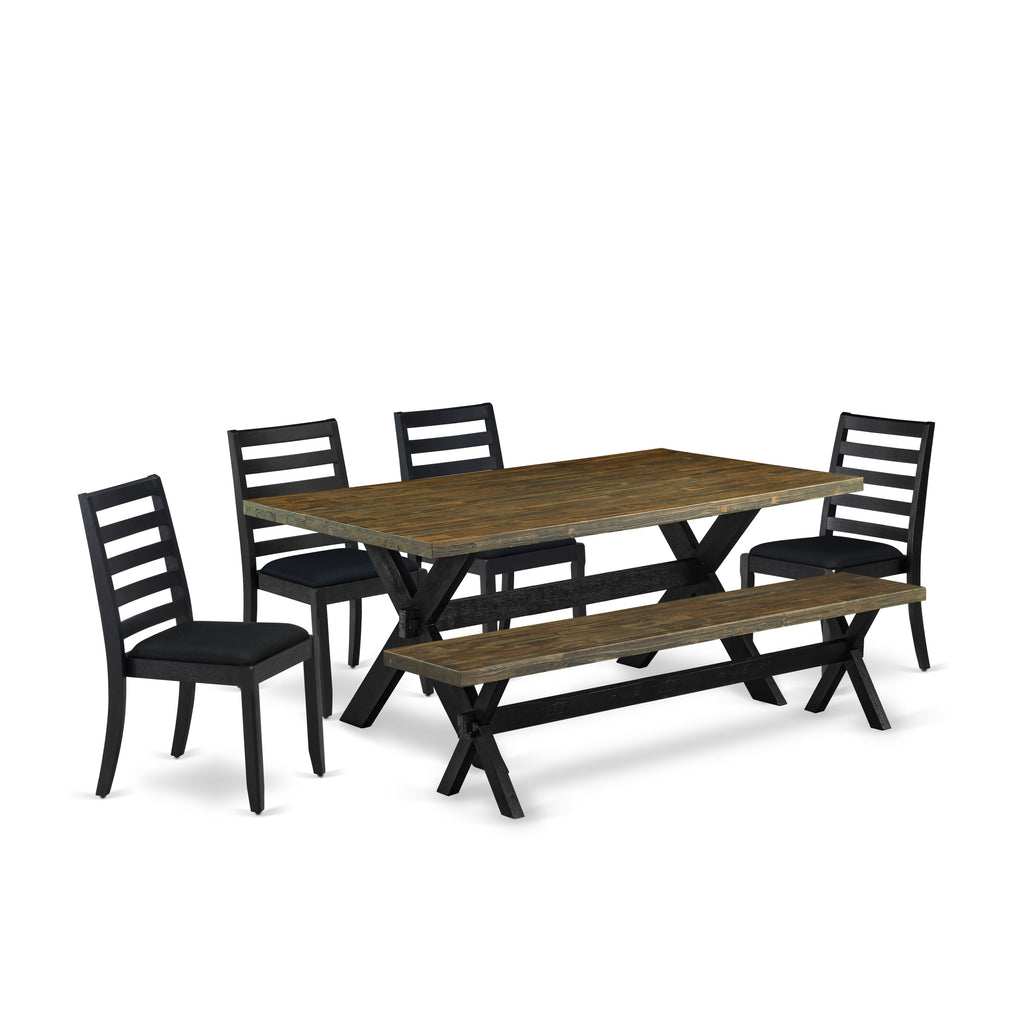 X677X9HQ7-9 Contemporary 6-Piece Dining Ensemble with Distressed Jacobean Tabletop, Bench, and Stacked Chairs
