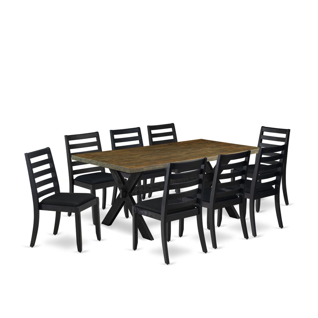 X677XWXQJ-W Dining Set 9-Piece Collection Featuring Distressed Jacobean Table and Stackable Chairs, Black Linen Fabric Upholstery