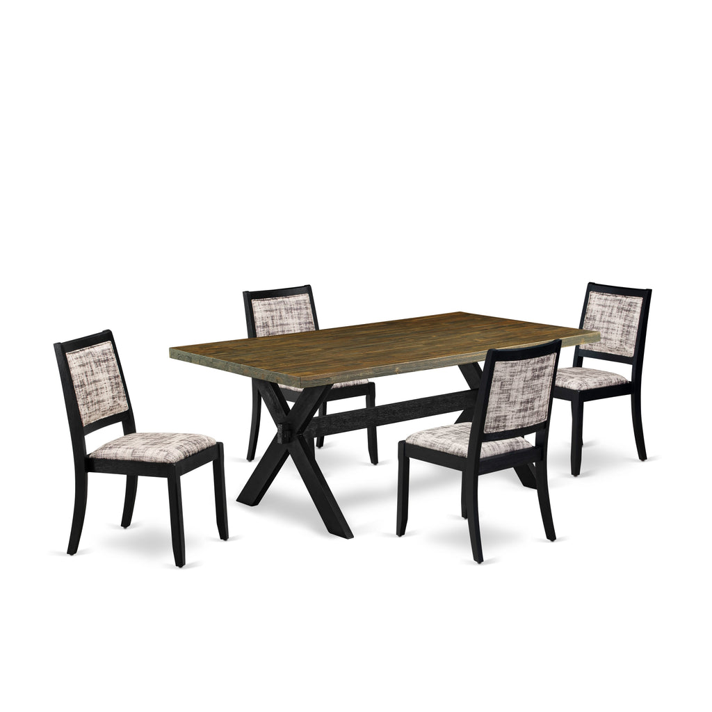 X677X0452-2 Elegant 5-Piece Dining Ensemble Rustic Table with Jacobean Wood Finish and Stackable Chairs in Chic Gray & White Pattern on Faux Leather