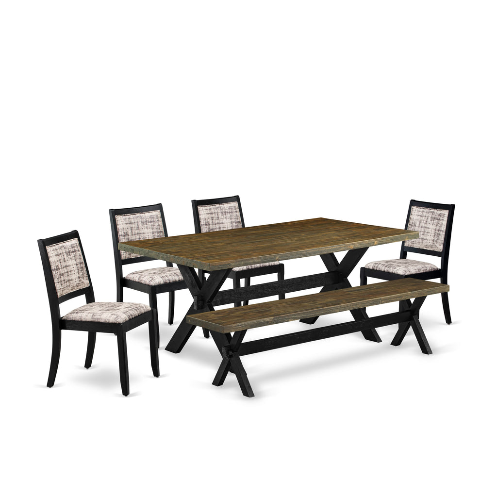 6-Piece Dining Ensemble X677X5QJV-3 Elegant Table, Bench, and Nesting Chairs in Modern Gray Faux Leather