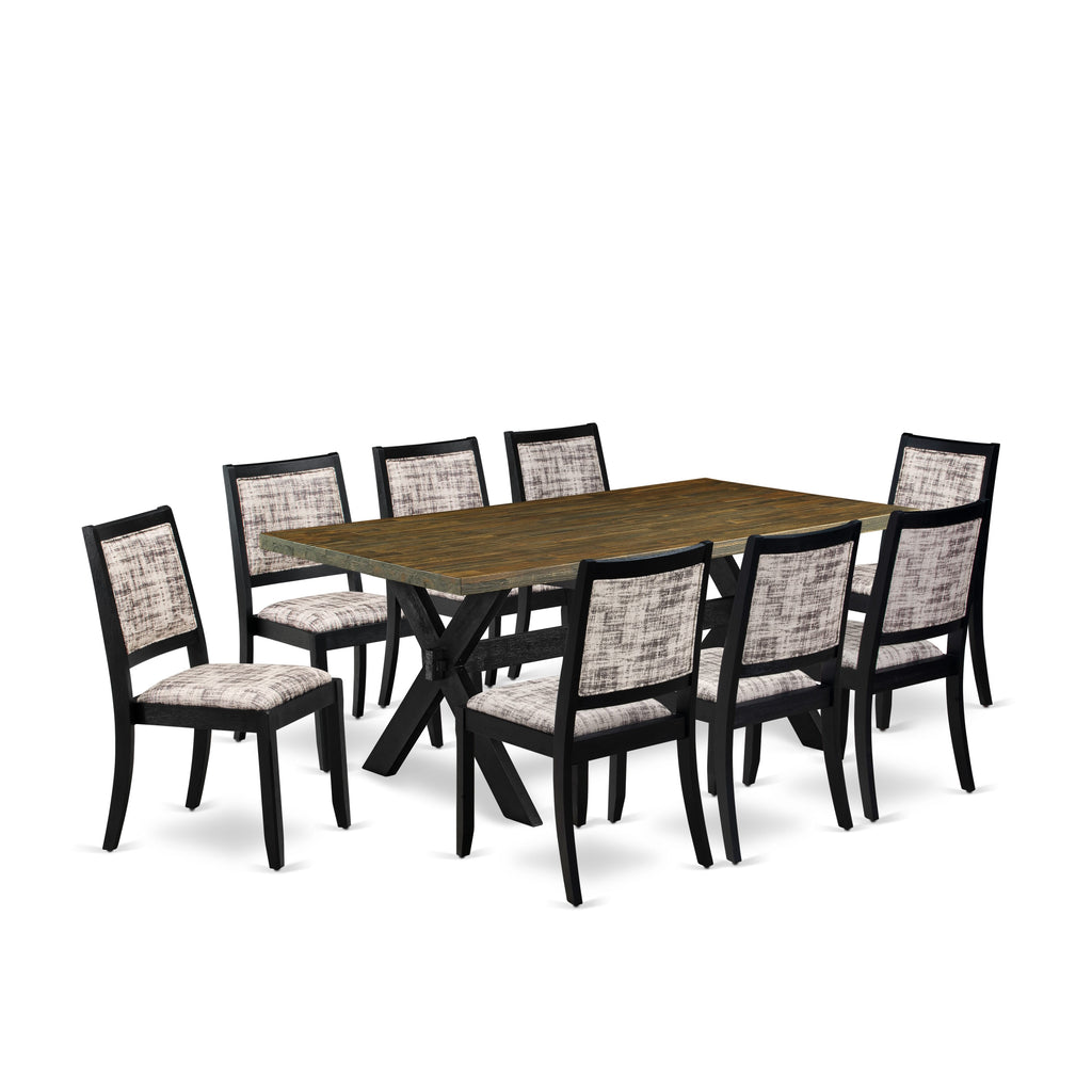 X677XJLZU-1 Elegant 9-Piece Dining Ensemble with Distressed Wood Table & Stylish Upholstered Chairs
