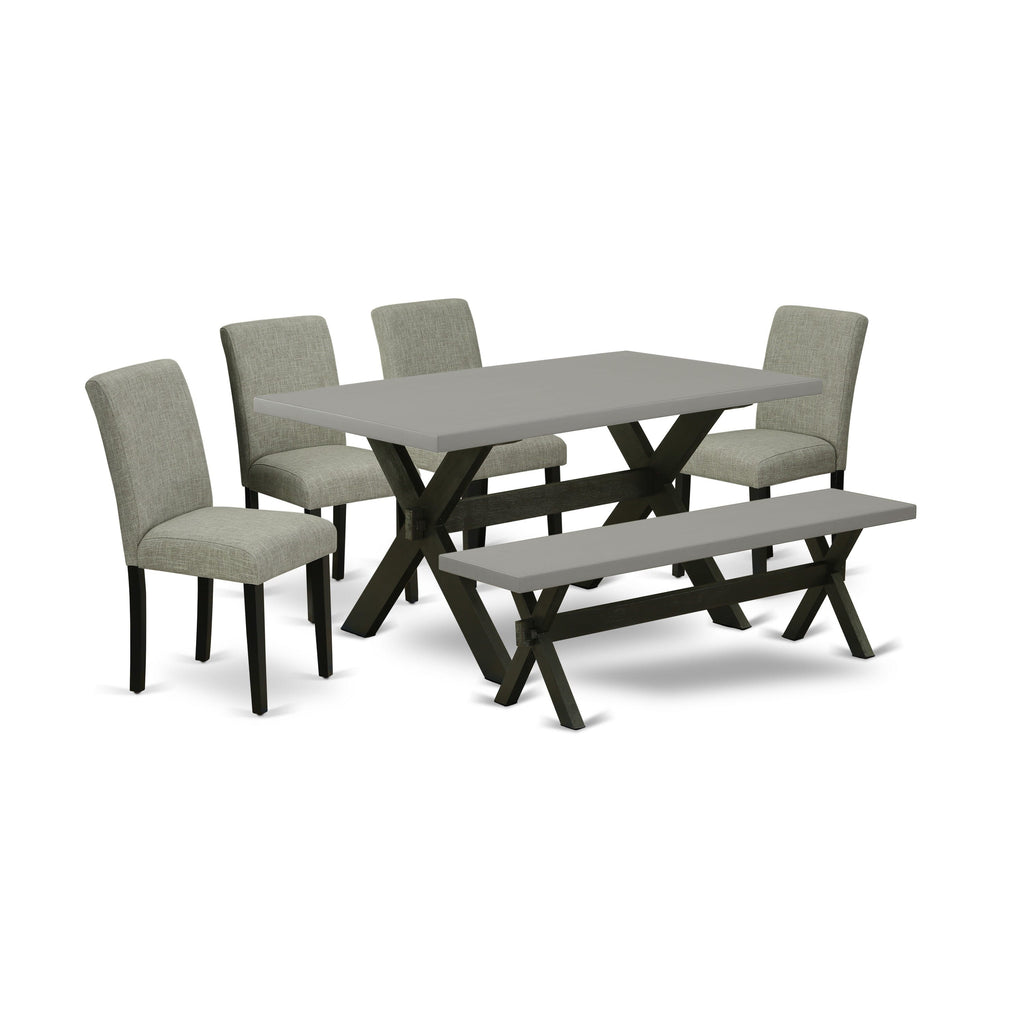 X696AFXN3-Z 6-Piece Dining Ensemble Rectangular Table & X-Leg Design, 4 Linen Chairs & Bench, 36x60, Multi-Color