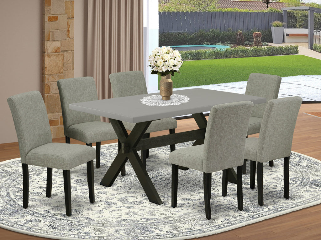 X696A44LA-V 7-Piece Dining Ensemble Rectangular Wood Table with Cross Supports and 6 Linen Upholstered Chairs, 36x60 Multi-Tone