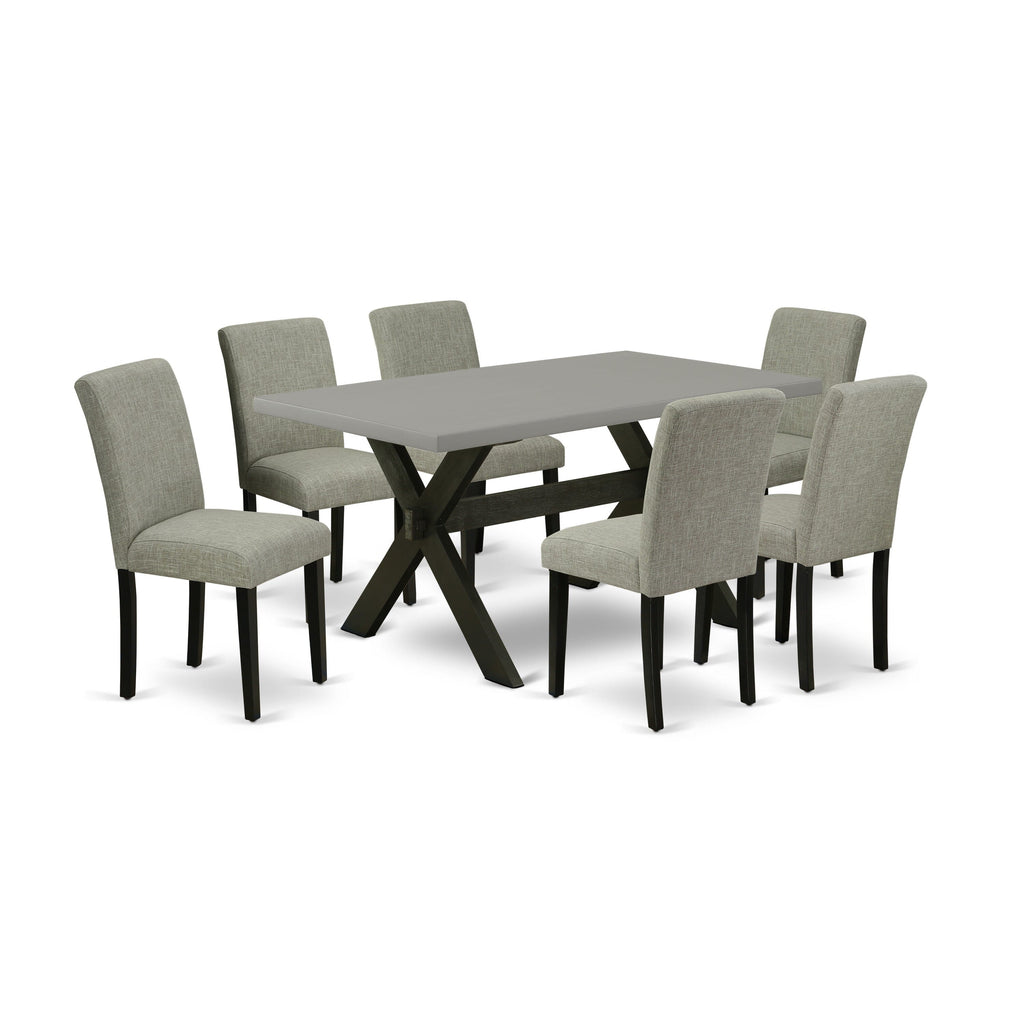 X696A44LA-V 7-Piece Dining Ensemble Rectangular Wood Table with Cross Supports and 6 Linen Upholstered Chairs, 36x60 Multi-Tone