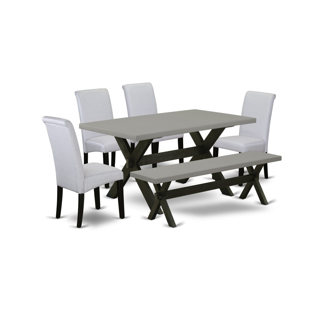 X696BFVE1-Q Stunning Dining Ensemble Rectangular Table for Six with Wirebrushed Black & Cement Parson Chairs and Bench