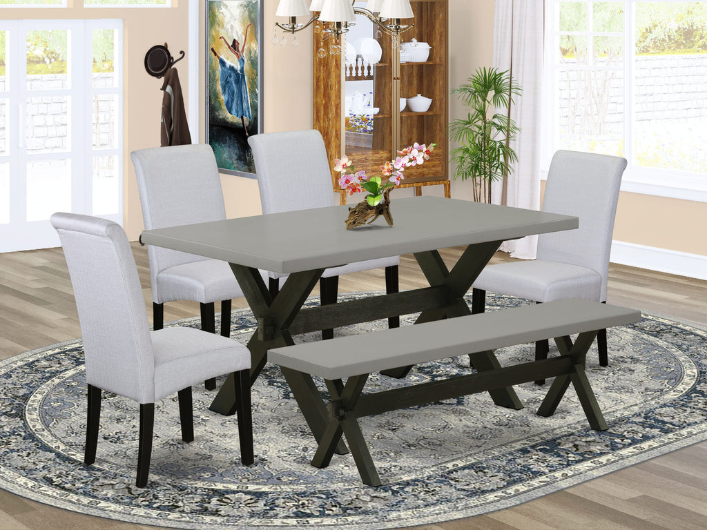 X696BFVE1-Q Stunning Dining Ensemble Rectangular Table for Six with Wirebrushed Black & Cement Parson Chairs and Bench