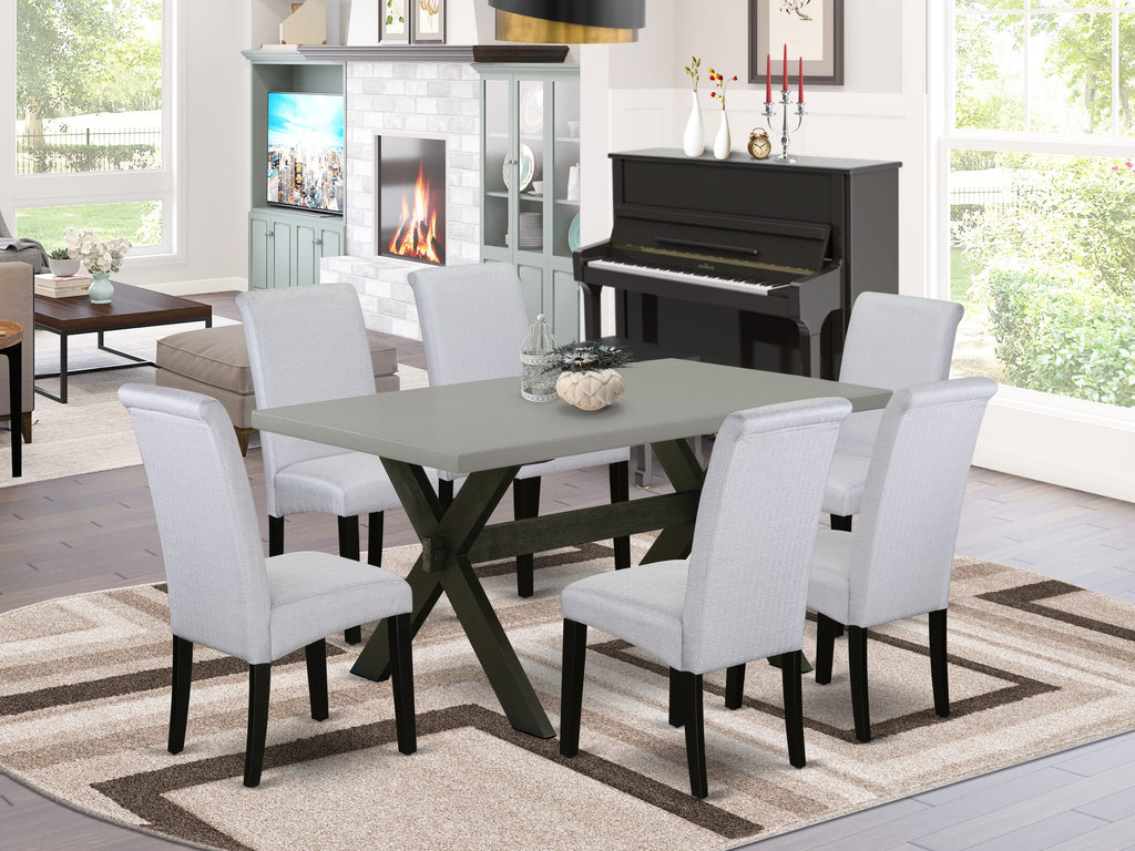 X696BFTCK-V 7 Piece Dining Ensemble with X-Leg Rectangular Table & 6 Grey Linen Chairs, 36x60 Inches, Multicolor