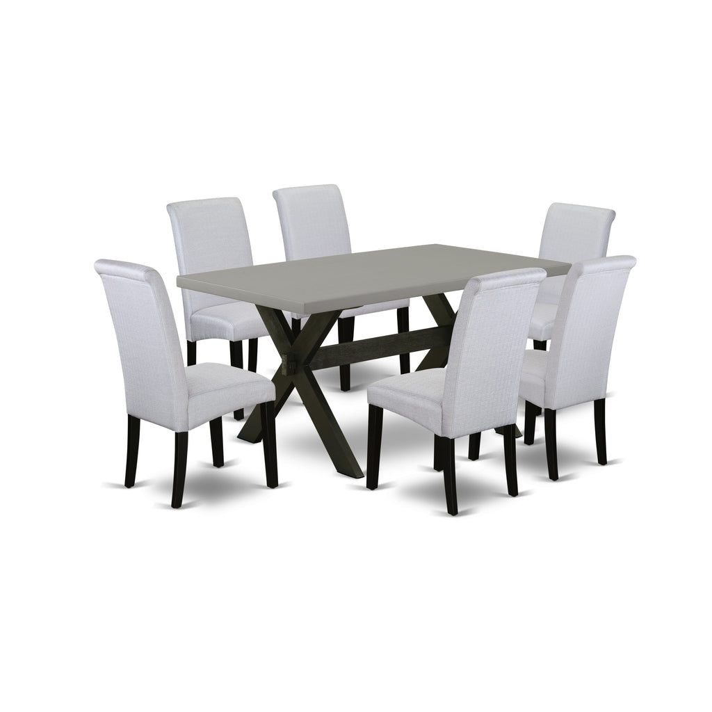 X696BFTCK-V 7 Piece Dining Ensemble with X-Leg Rectangular Table & 6 Grey Linen Chairs, 36x60 Inches, Multicolor