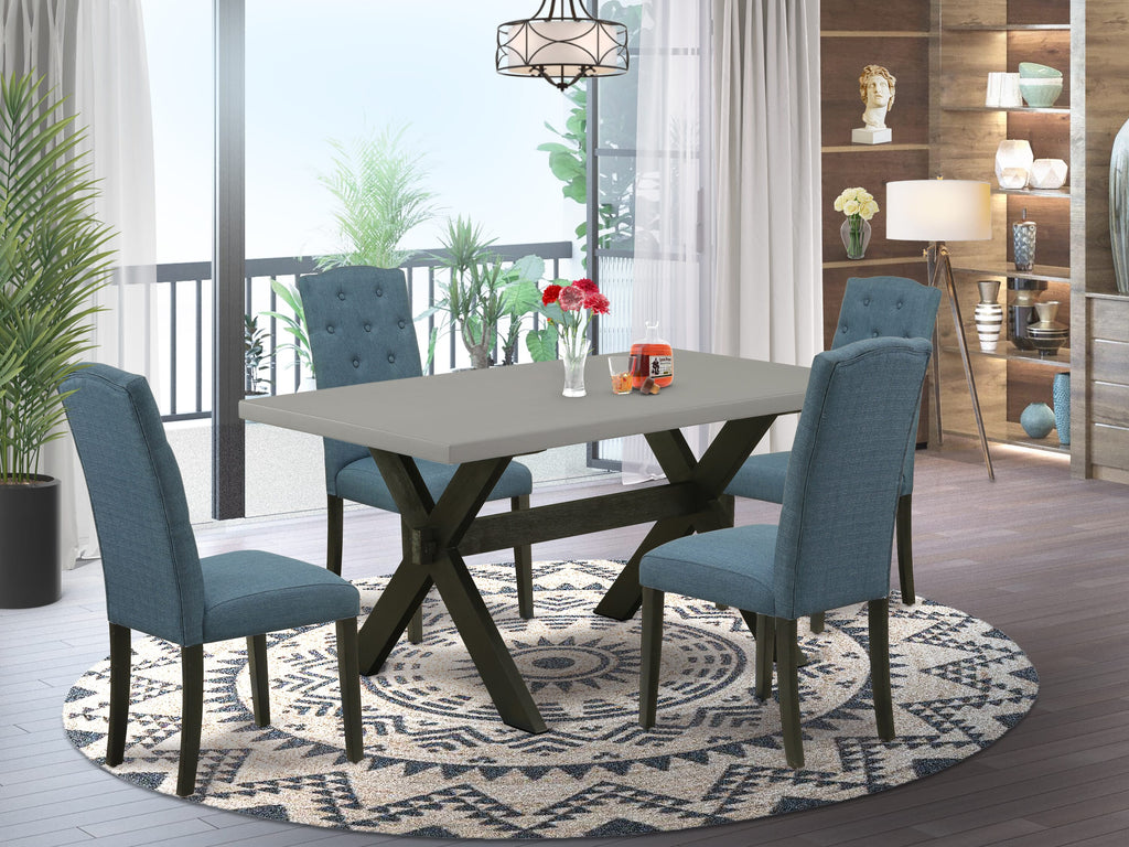 X696CWEYQ-S 5-piece Set Rectangular Table & X-Leg Design, Plus 4 Mineral Blue Linen Chairs for Dining Room