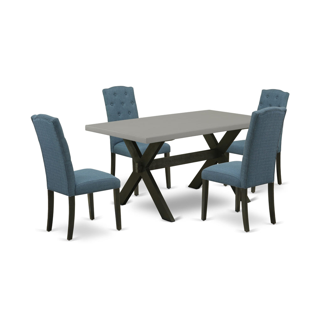 X696CWEYQ-S 5-piece Set Rectangular Table & X-Leg Design, Plus 4 Mineral Blue Linen Chairs for Dining Room