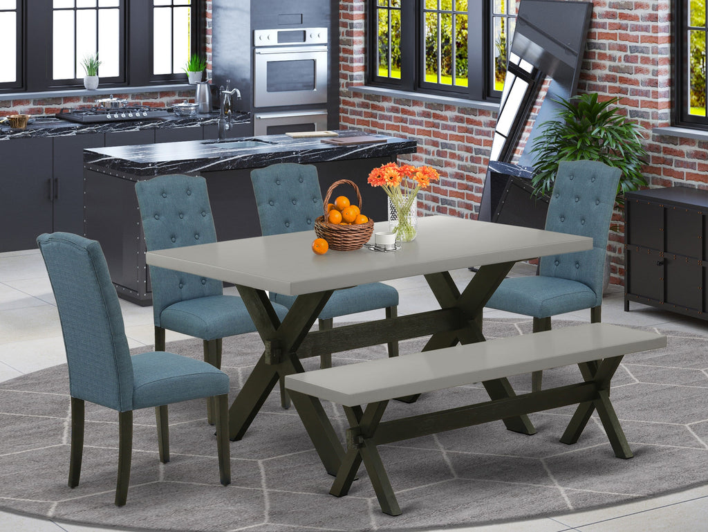 X696CJ0GD-0 Luxe Dining Ensemble Modern 36x60 Desk, 4 Elegant Upholstered Seats & a Chic Bench in Cement Finish
