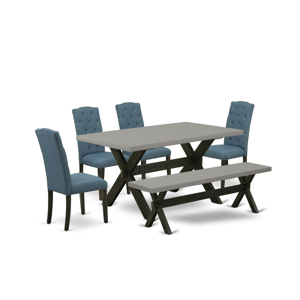 X696CJ0GD-0 Luxe Dining Ensemble Modern 36x60 Desk, 4 Elegant Upholstered Seats & a Chic Bench in Cement Finish