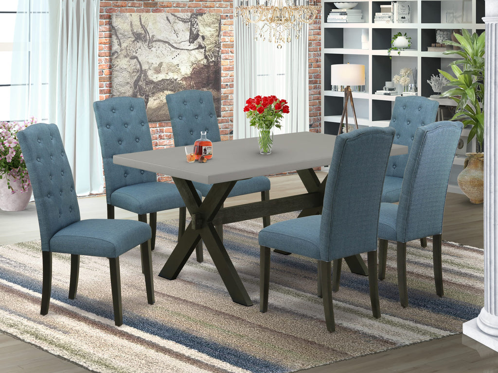X696C9NW9-L 7-Piece Dining Ensemble with Rectangular Table and Blue Upholstered Chairs Table & 6 Chairs