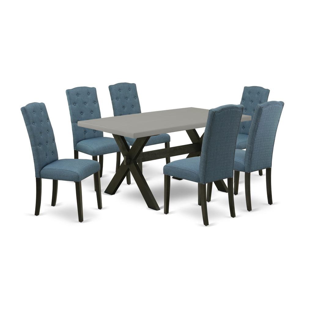 X696C9NW9-L 7-Piece Dining Ensemble with Rectangular Table and Blue Upholstered Chairs Table & 6 Chairs