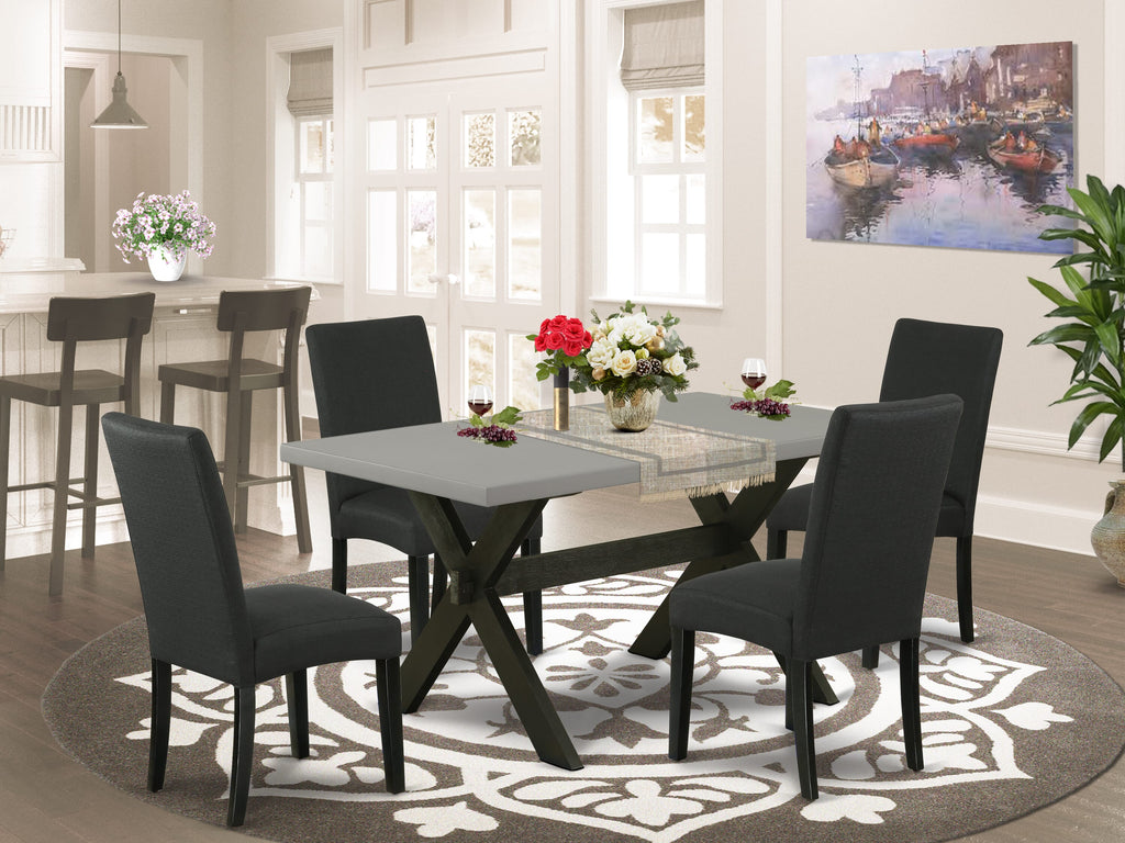 X696DSO9K-G 5 Piece Dining Ensemble for Small Spaces; Rectangle Table with X-Legs and 4 Black Upholstered Chairs, 36x60 Inch