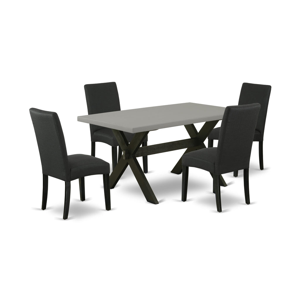 X696DSO9K-G 5 Piece Dining Ensemble for Small Spaces; Rectangle Table with X-Legs and 4 Black Upholstered Chairs, 36x60 Inch