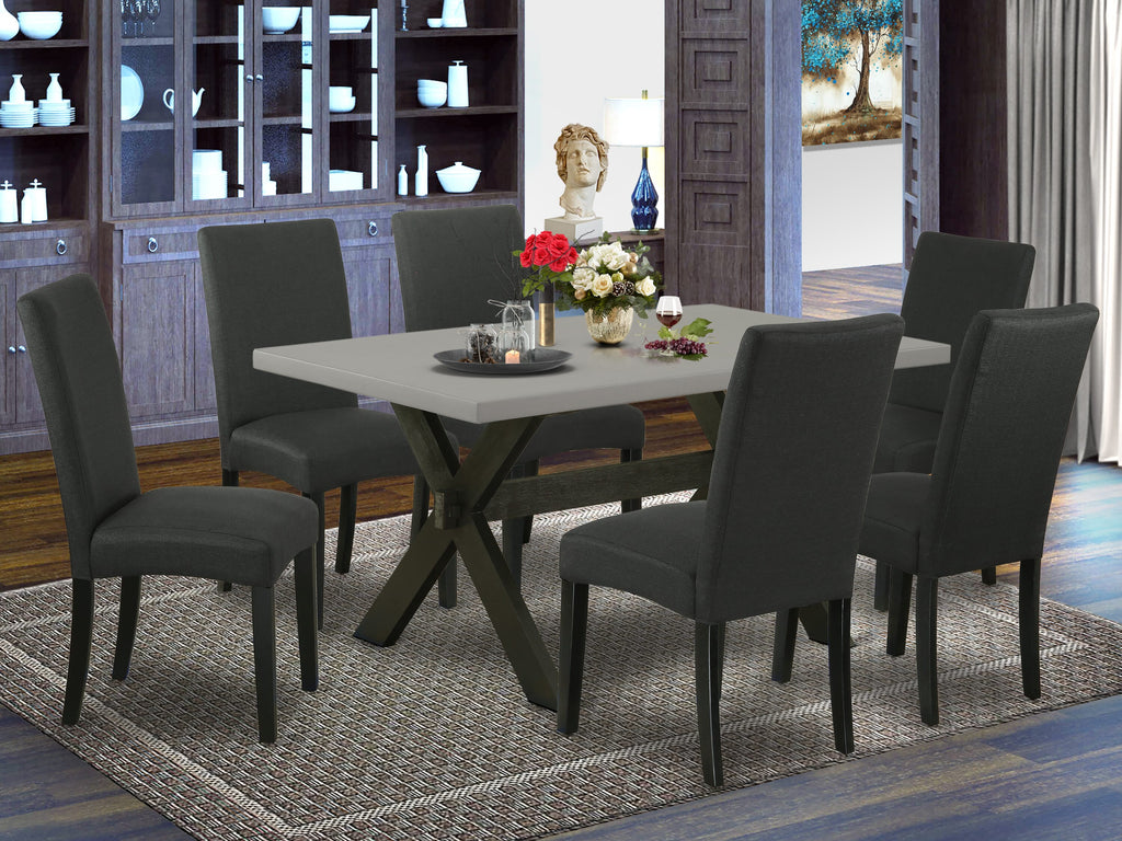 X696D3JB6-V 7-Pc Set Rectangular Table with X-Legs & 6 Upholstered Chairs in Black Fabric, 36x60, Multitone