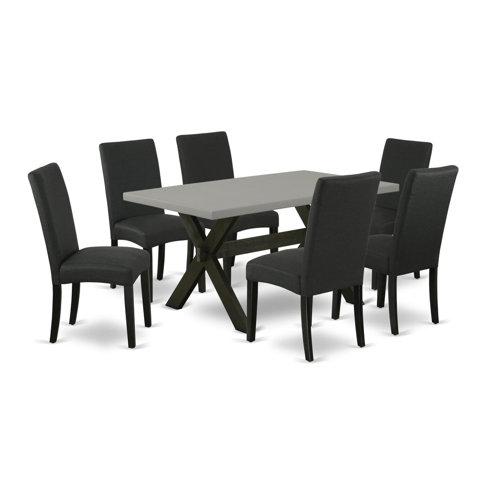 X696D3JB6-V 7-Pc Set Rectangular Table with X-Legs & 6 Upholstered Chairs in Black Fabric, 36x60, Multitone
