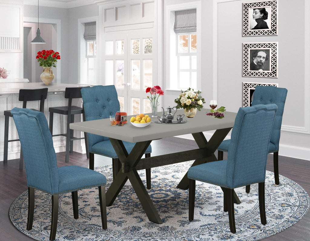 X696EJ1A7-3 Dining Room Set with X-Leg Table & Blue Upholstered Seating for 4, 5 Pieces