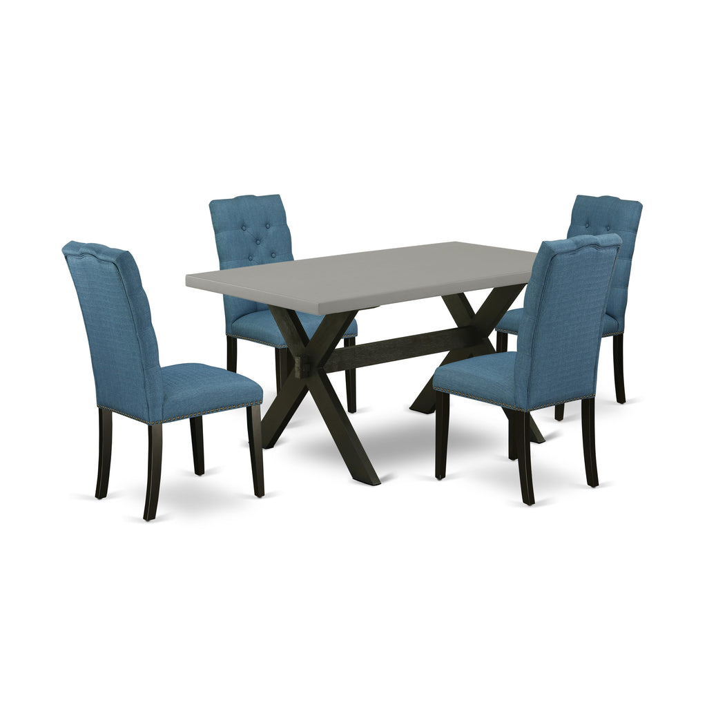X696EJ1A7-3 Dining Room Set with X-Leg Table & Blue Upholstered Seating for 4, 5 Pieces