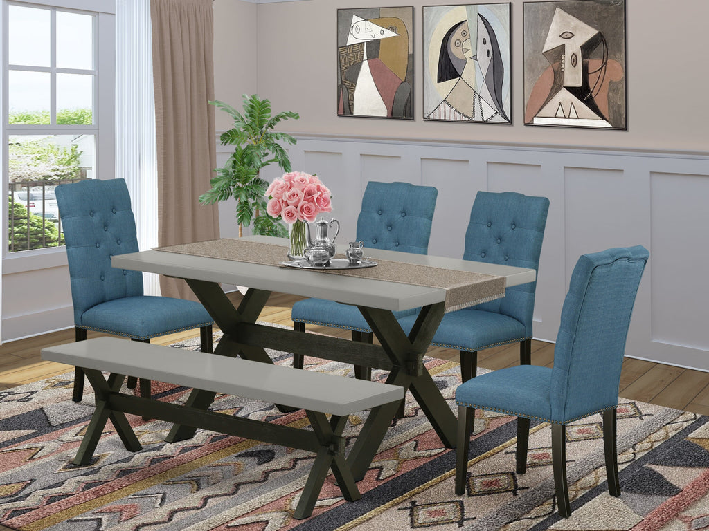 X696EUEEF-H 6-Piece Dining Ensemble with Blue Chairs, Bench & Rectangular Table, 36x60, Multi-Color