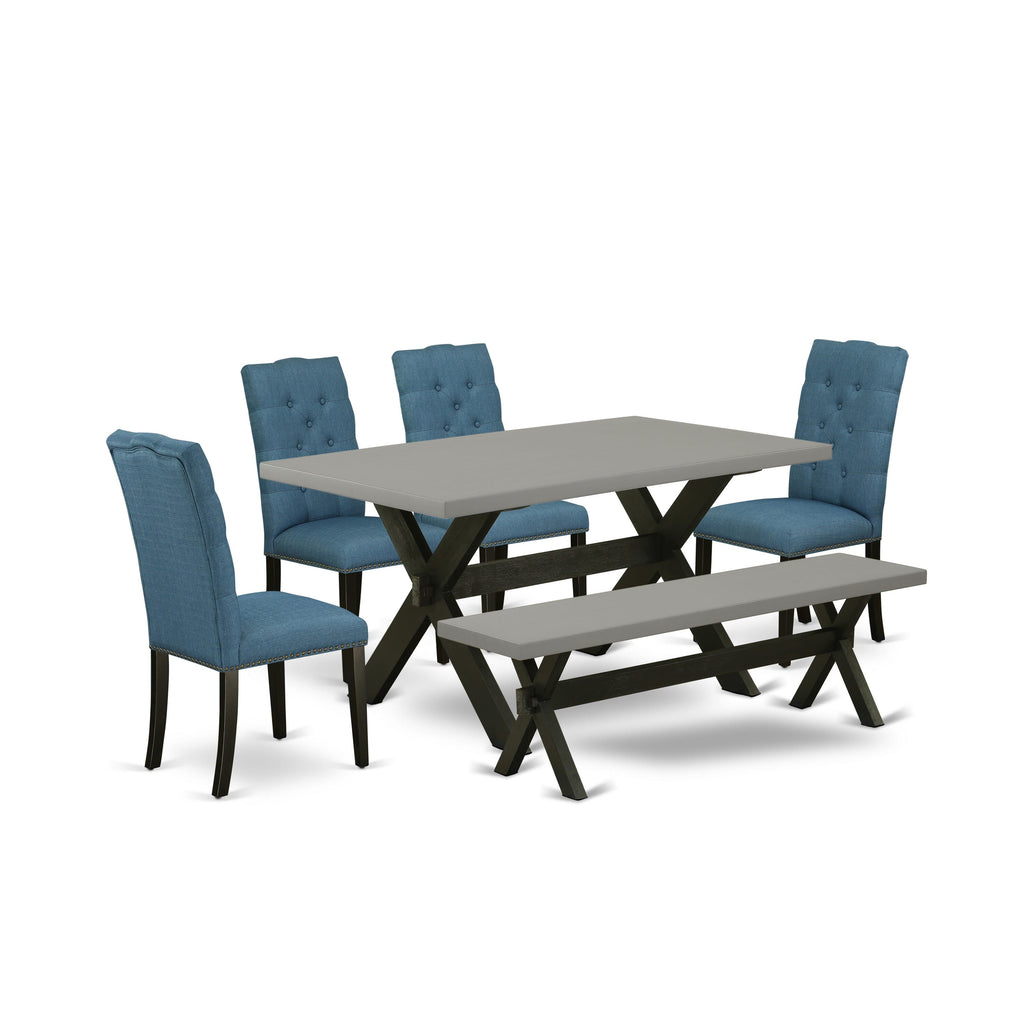 X696EUEEF-H 6-Piece Dining Ensemble with Blue Chairs, Bench & Rectangular Table, 36x60, Multi-Color