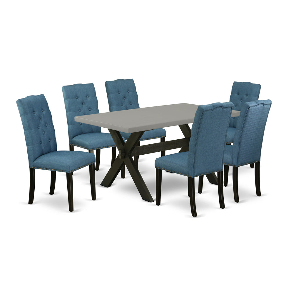 X696E37Z3-X 7-Piece Dining Ensemble with Sleek Rectangular Table and 6 Chic Blue Upholstered Chairs, 36x60