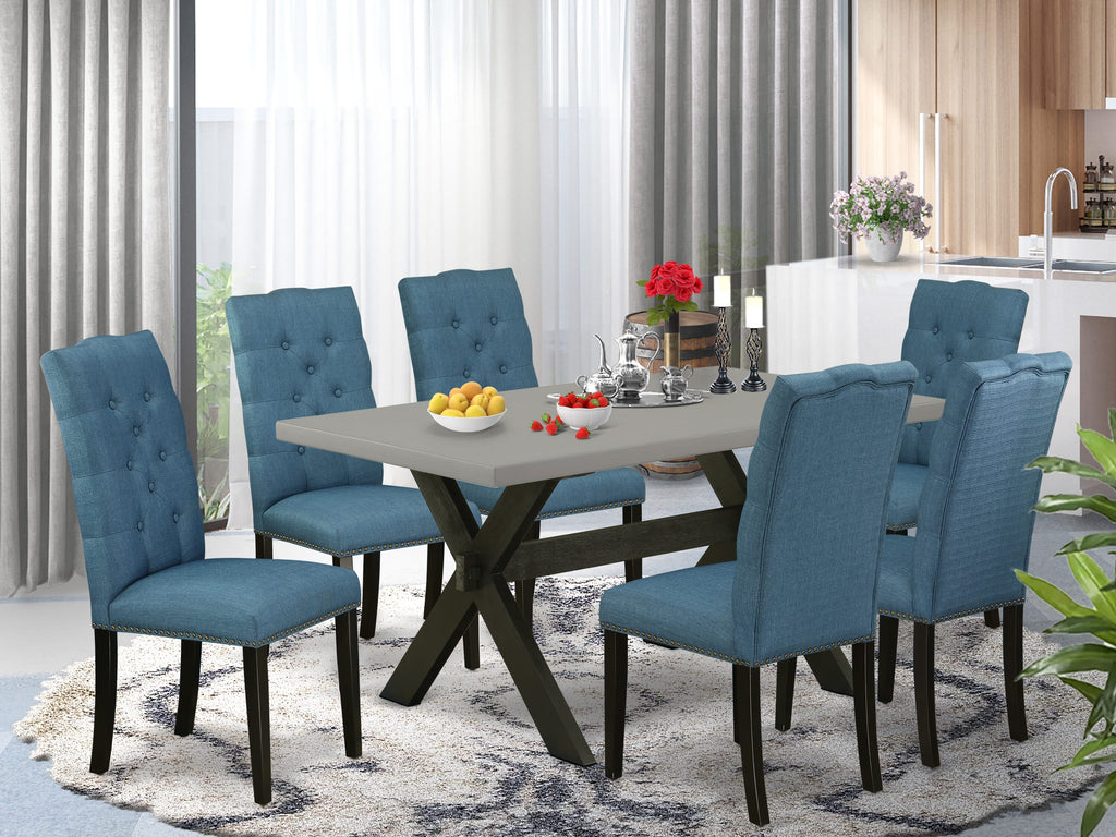 X696E37Z3-X 7-Piece Dining Ensemble with Sleek Rectangular Table and 6 Chic Blue Upholstered Chairs, 36x60
