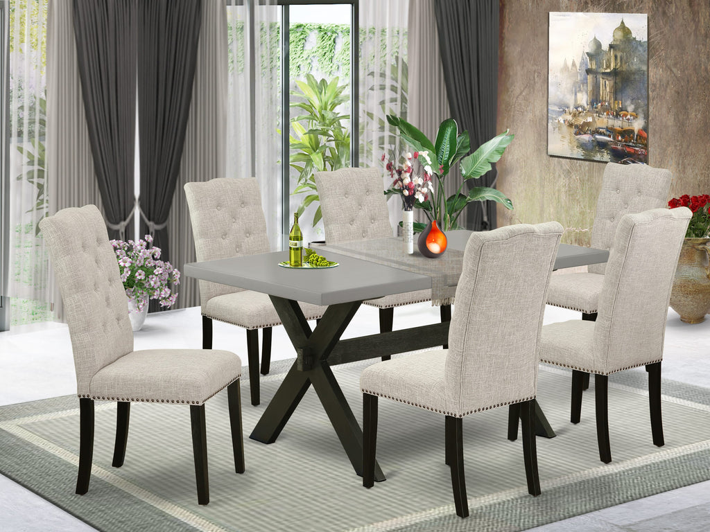 X696E58J8-4 Refined 7-Piece Dining Ensemble with Rectangular Table and Elegant Doeskin Upholstered Chairs