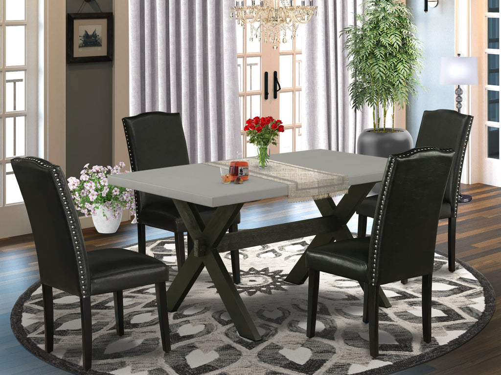X696EED0H-U 5 Piece Dining Ensemble with Rectangular Surface, X-Legs, and 4 Black Faux Leather Chairs, 36x60 Inch, Multi-Color