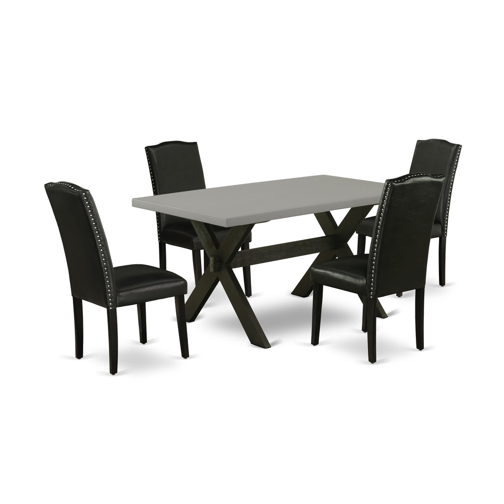 X696EED0H-U 5 Piece Dining Ensemble with Rectangular Surface, X-Legs, and 4 Black Faux Leather Chairs, 36x60 Inch, Multi-Color