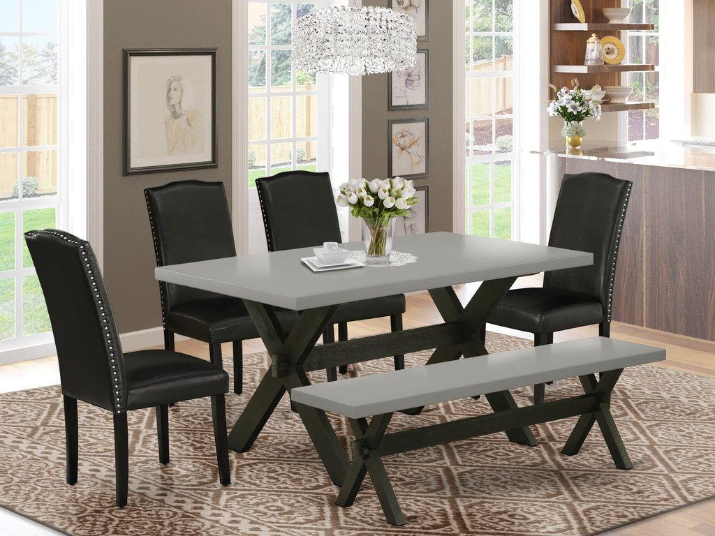 X696EJMSX-0 6Pc Set 36x60 Rectangle Table with Parson Seats & Bench in Black & Cement Brush Finish