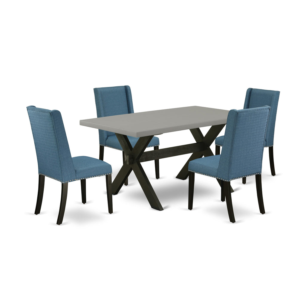X696F7Q36-V 5-Piece Dining Set Rectangle Table with Sturdy X-Legs & 4 Blue Fabric Parson Chairs