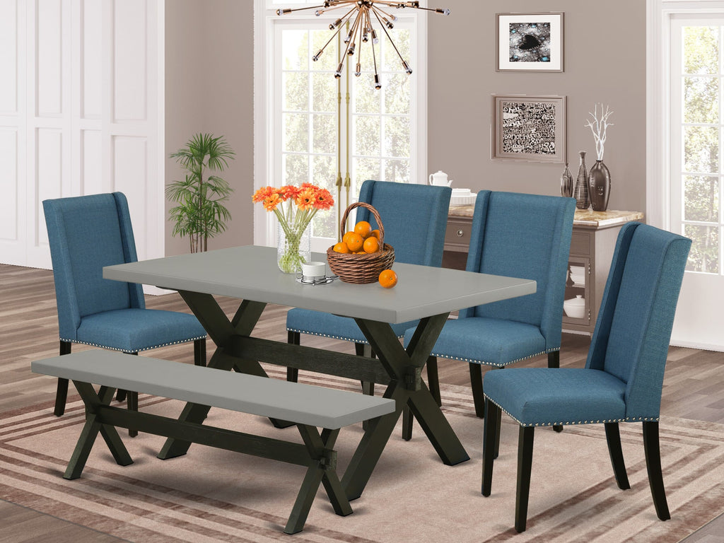 X696FKV1E-W Dining Ensemble 6-Piece Wood Table, 4 Blue Upholstered Seats & Bench, 36x60 Inch Multi-Tone