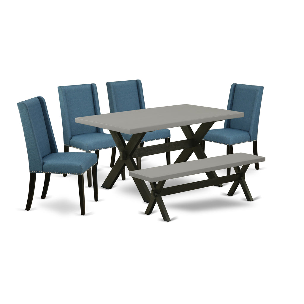 X696FKV1E-W Dining Ensemble 6-Piece Wood Table, 4 Blue Upholstered Seats & Bench, 36x60 Inch Multi-Tone