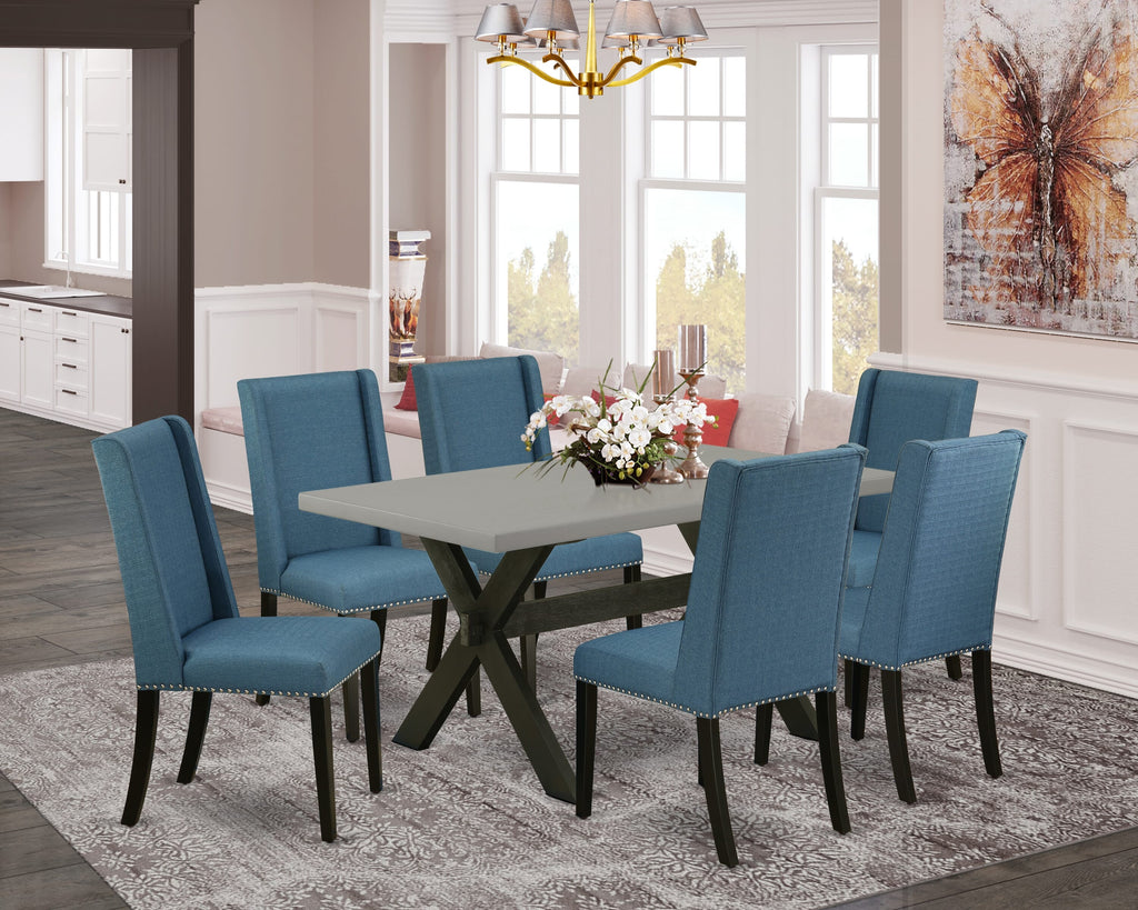 X696FRZ1T-2 7-Piece Contemporary Dining Ensemble with Rectangular Table, X-Leg Design & Blue Upholstered Chairs