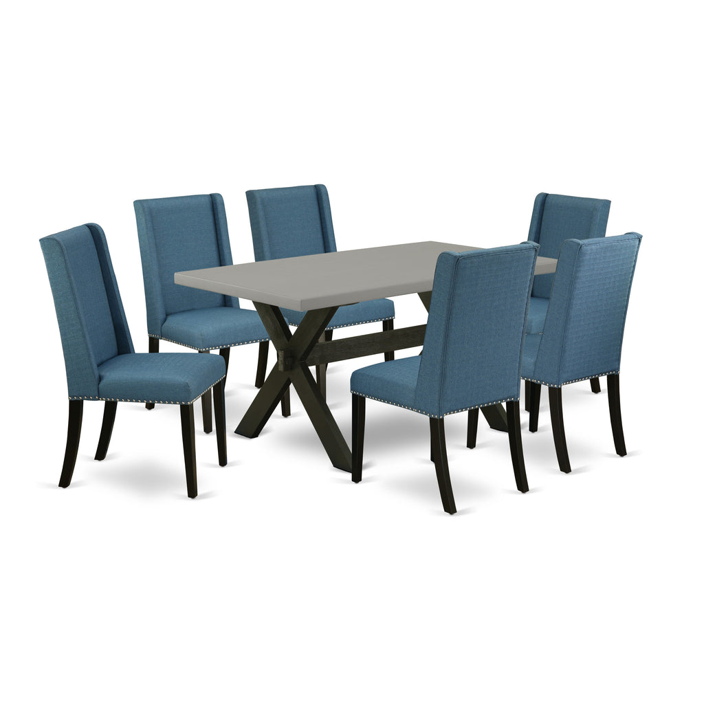 X696FRZ1T-2 7-Piece Contemporary Dining Ensemble with Rectangular Table, X-Leg Design & Blue Upholstered Chairs
