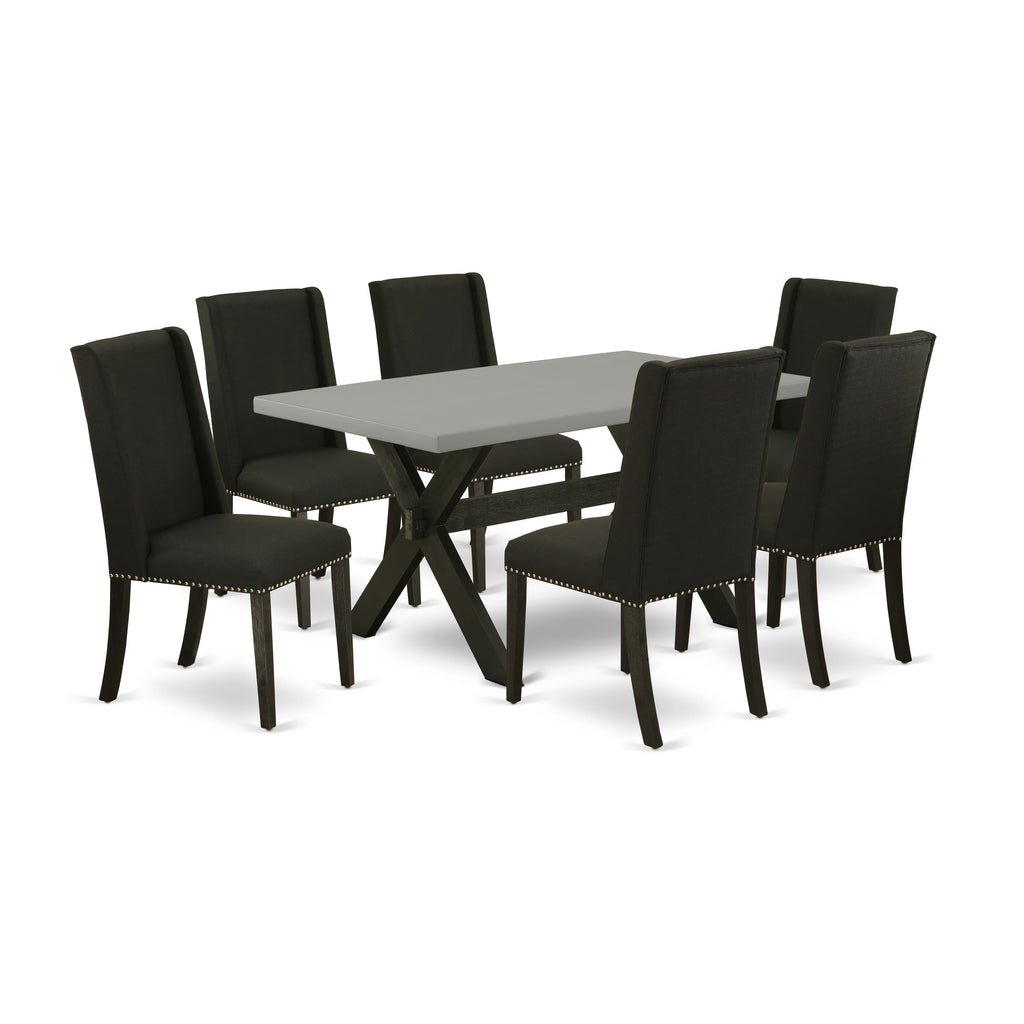X696F9DRS-S 7-Piece Rectangle Dining Set with X-Legs and Upholstered Black Chairs, Multi-Size