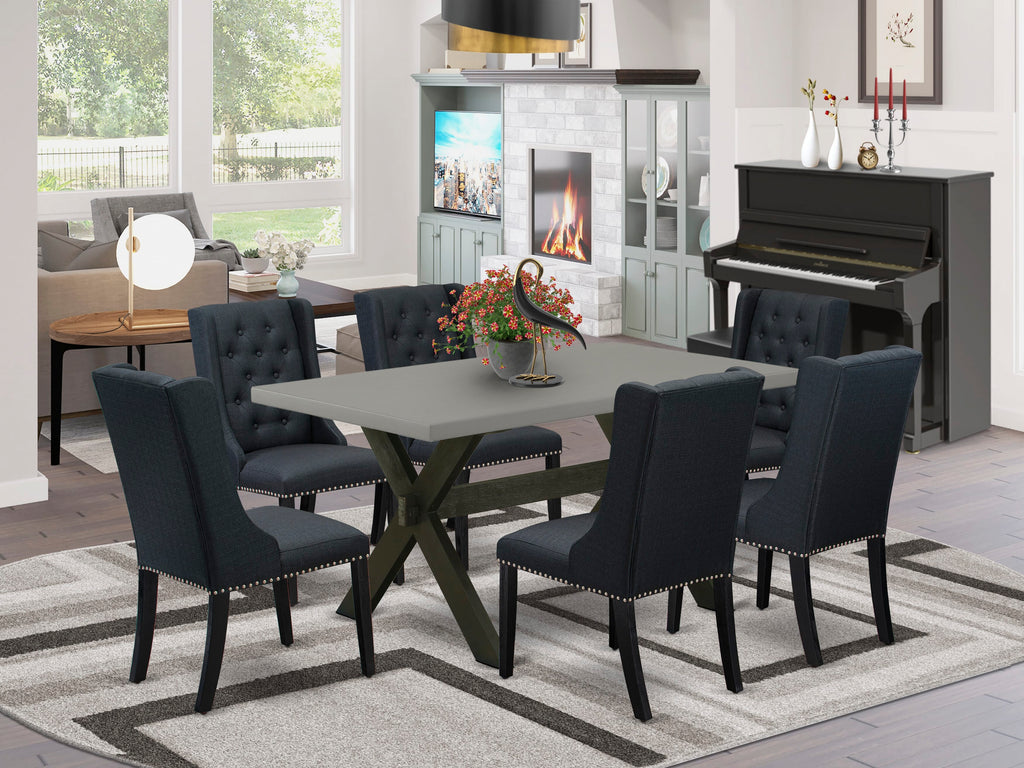 X696FBKLR-I 7 Piece Dining Ensemble with Rectangular Table and Elegant Black Upholstered Chairs, Multi-Color