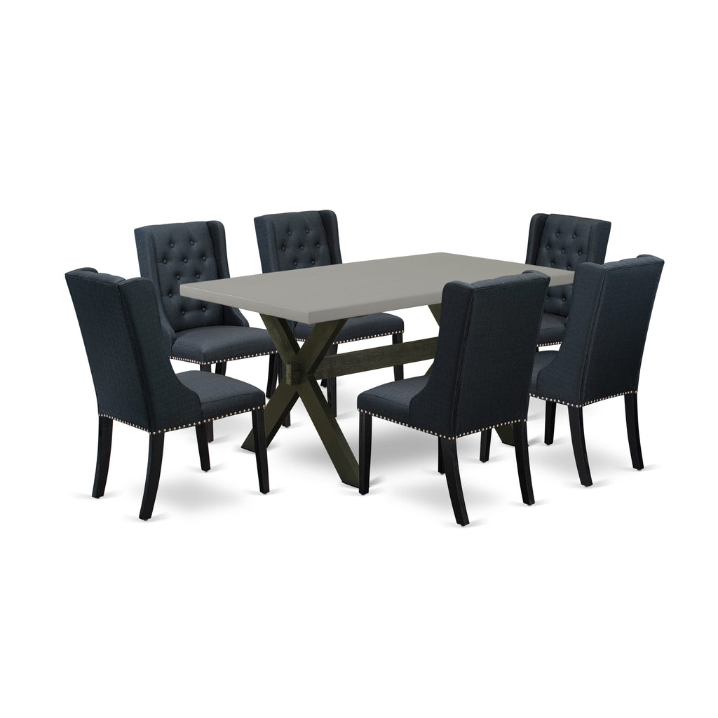 X696FBKLR-I 7 Piece Dining Ensemble with Rectangular Table and Elegant Black Upholstered Chairs, Multi-Color