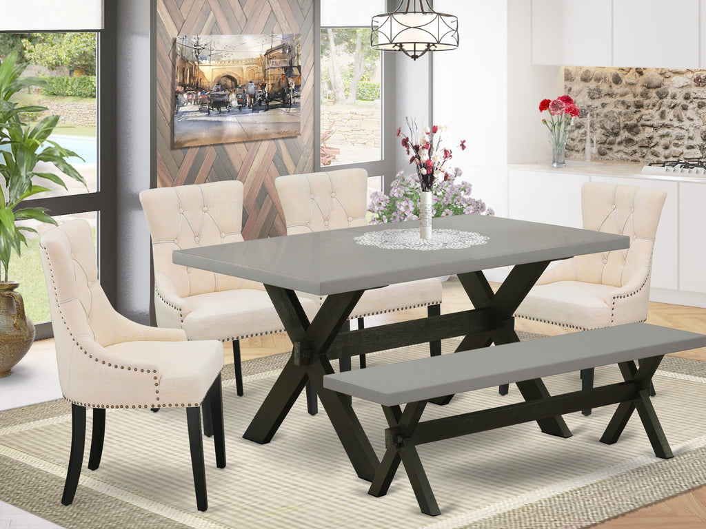 Stylish Rectangular Dining Set X696FOIW0-0 with X-Legs Table, Linen Chairs, and Bench Combo