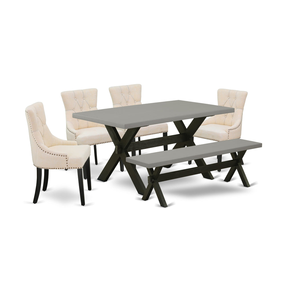 Stylish Rectangular Dining Set X696FOIW0-0 with X-Legs Table, Linen Chairs, and Bench Combo