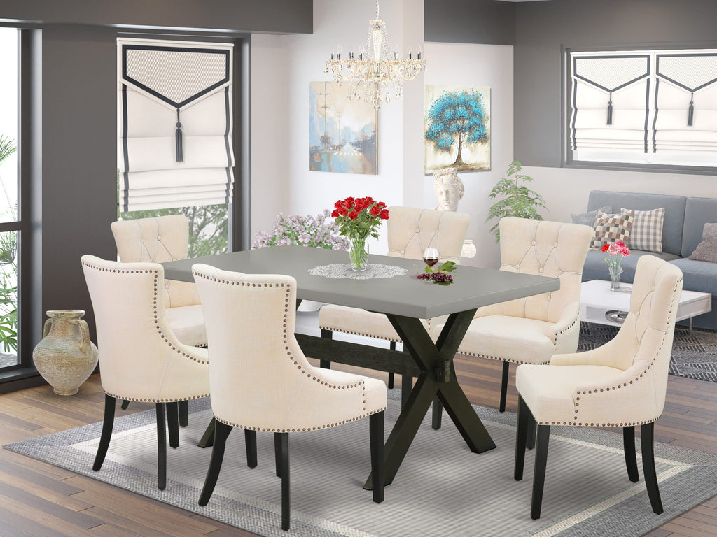 X696FRA2Q-9 Elegant 7-Piece Dining Collection with Rectangular Table & Beige Upholstered Chairs