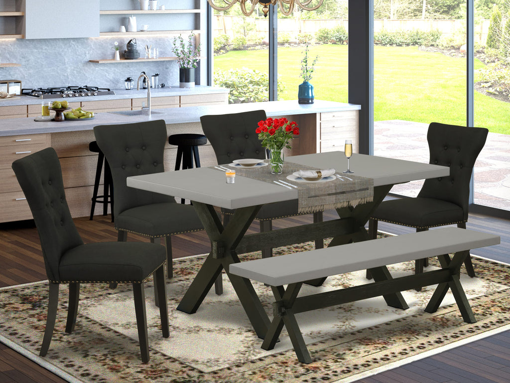 X696GVW2K-J 6-Piece Dining Ensemble with Wood Table & X-Legs, Parson Seats & Bench 36x60 Multi-Colored