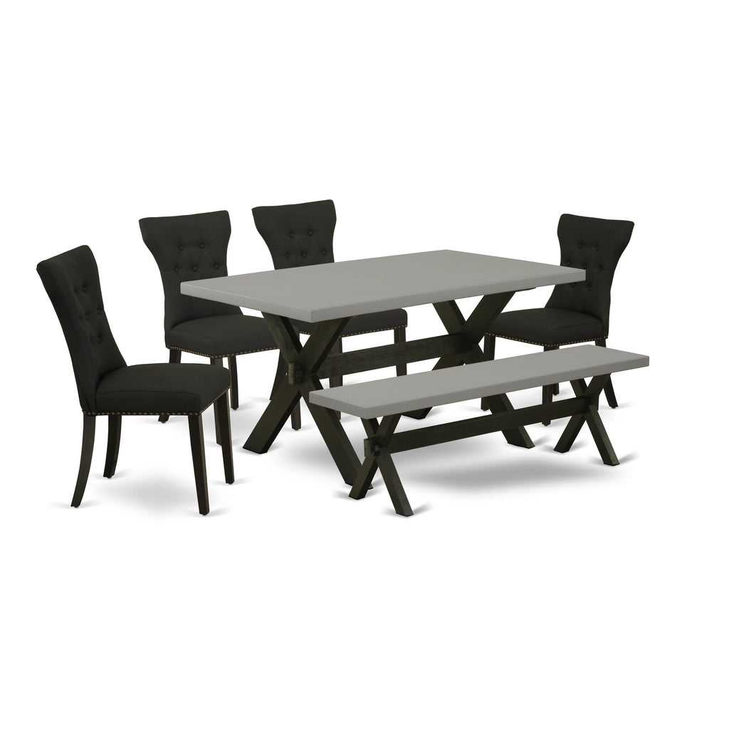 X696GVW2K-J 6-Piece Dining Ensemble with Wood Table & X-Legs, Parson Seats & Bench 36x60 Multi-Colored